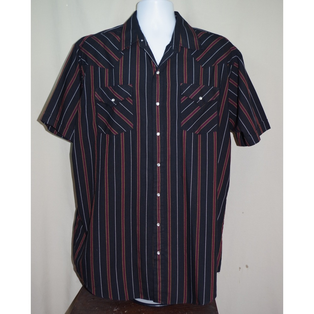 Ely Cattleman Tall Man XLT Black Striped Western Pearl Snap Shirt Short‎ Sleeve